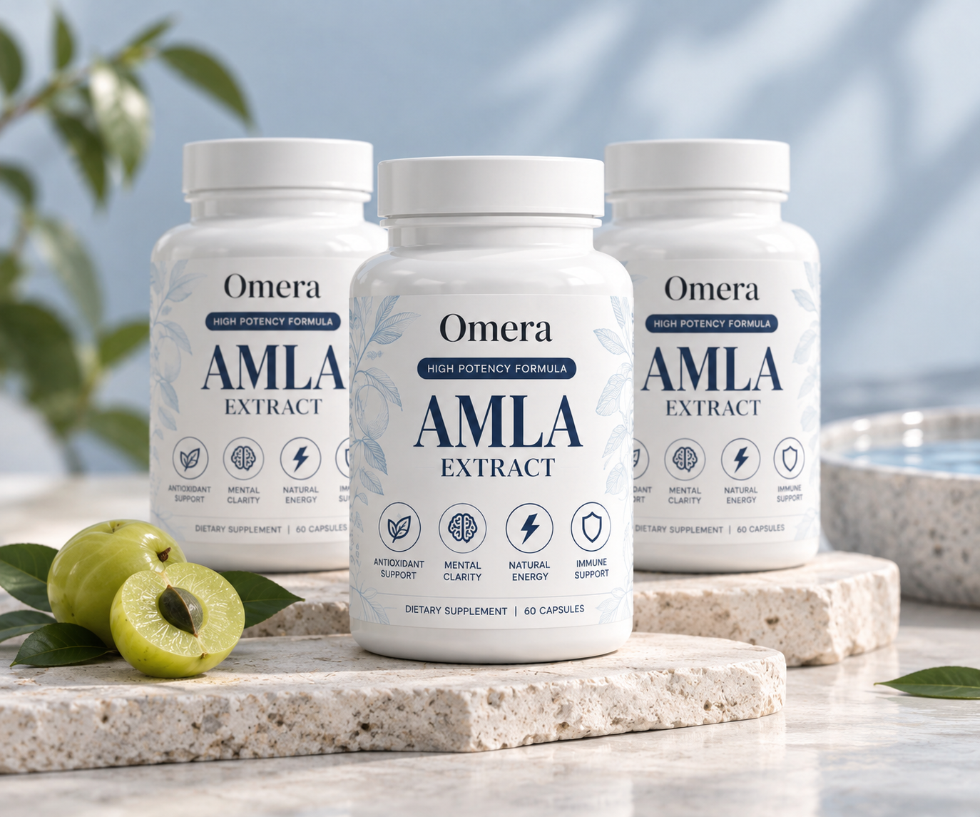 The original Omera Amla Extract bottles beside fresh amla fruit